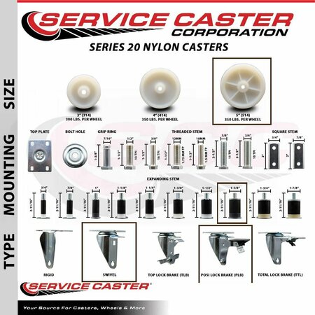 Service Caster 5'' Nylon Swivel 1-5/8'' Expanding Stem Caster with Brake SCC-EX20S514-NYS-PLB-158